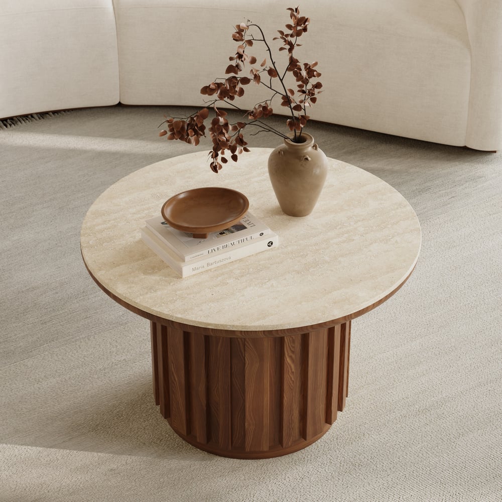 Table basse ronde à lattes en bois de frêne Aura avec plateau en pierre frittée image de fenêtre