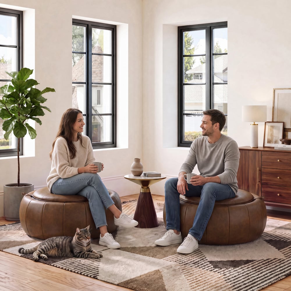 Modern 39" Round Performance Leather Ottoman Coffee Table with Hidden Storage window image