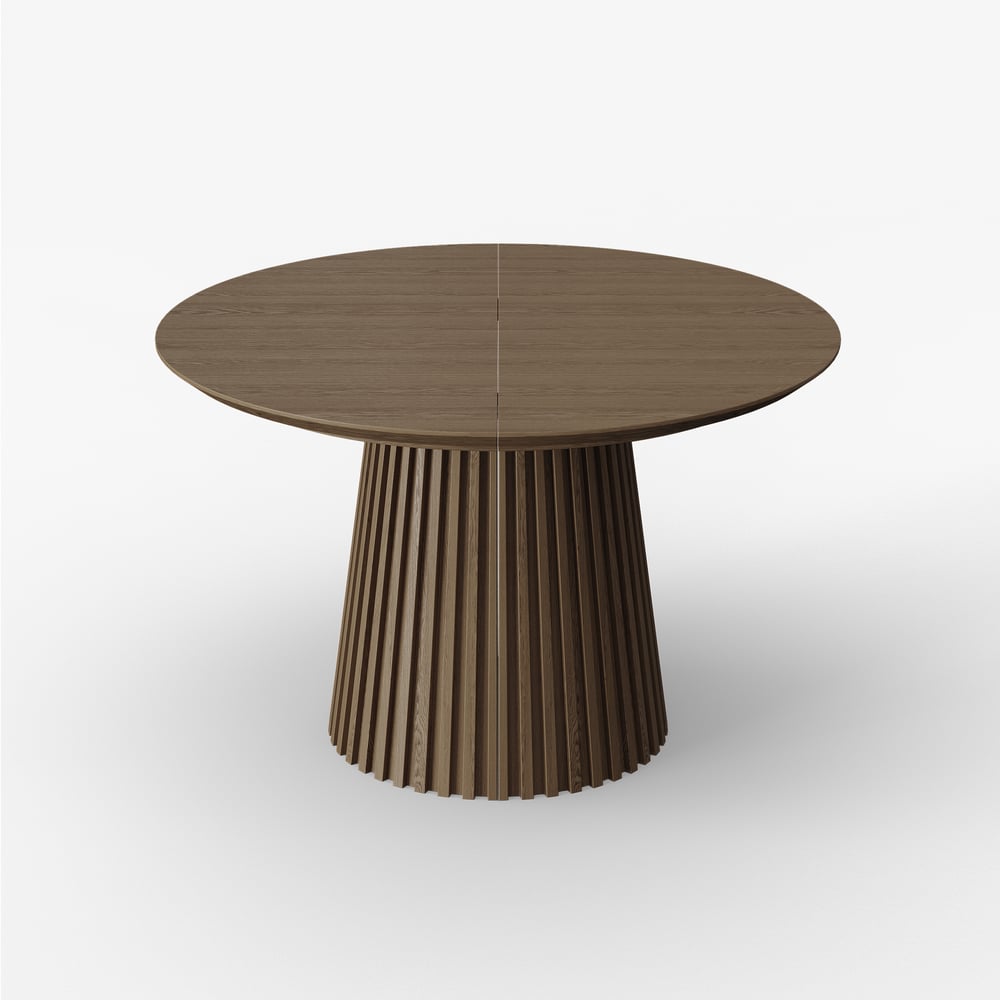 Modern 47"-79" Extendable Smoky Brown Wood Dining Table with Fluted Base, Seats 4-6 window image
