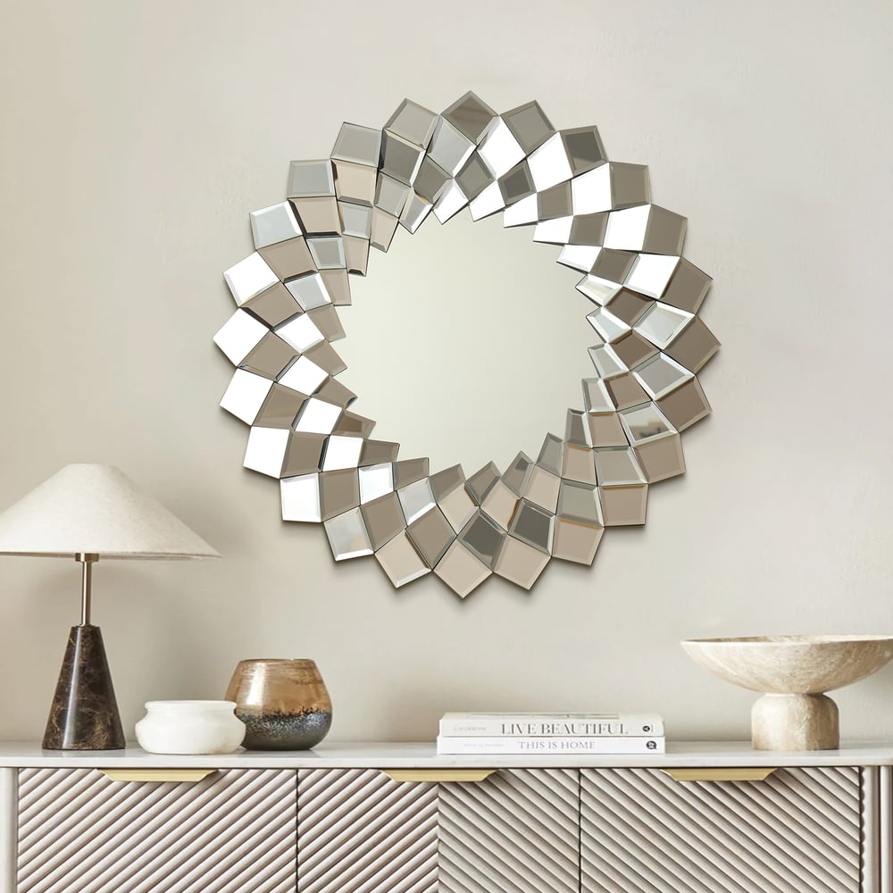 24" Diamond-Shaped Wall Mirror, Silver Round Decorative Mirror window image