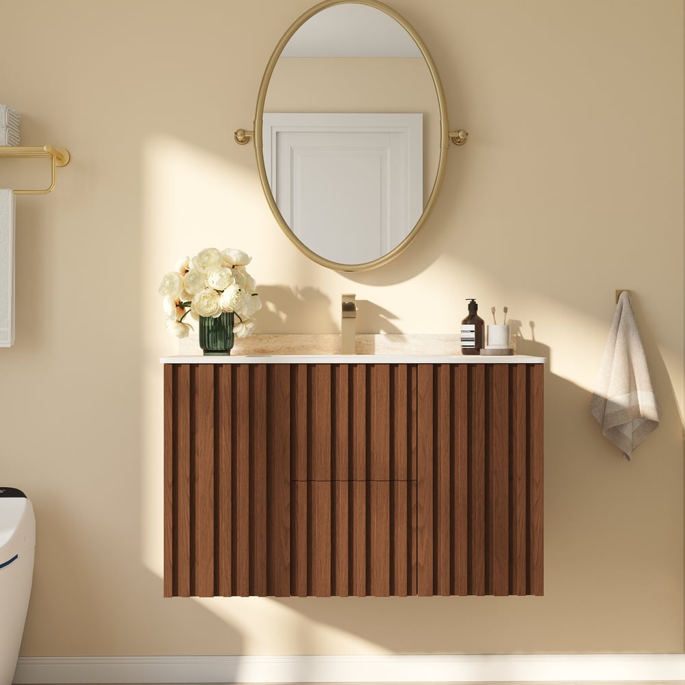 Aura 36" Bathroom Vanity with Light Ash Wood Slatted Panels Faux Travertine Top window image