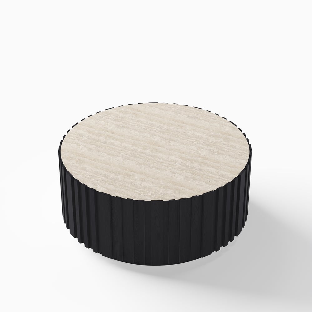 Aura 35" Round Black Slatted Sintered Stone Coffee Table with 2 Drawers window image