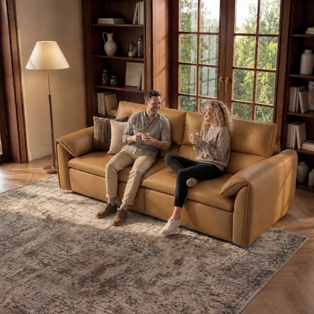 Canapé-lit convertible électrique 2 places en cuir véritable de 222 cm avec têtières réglables image de fenêtre