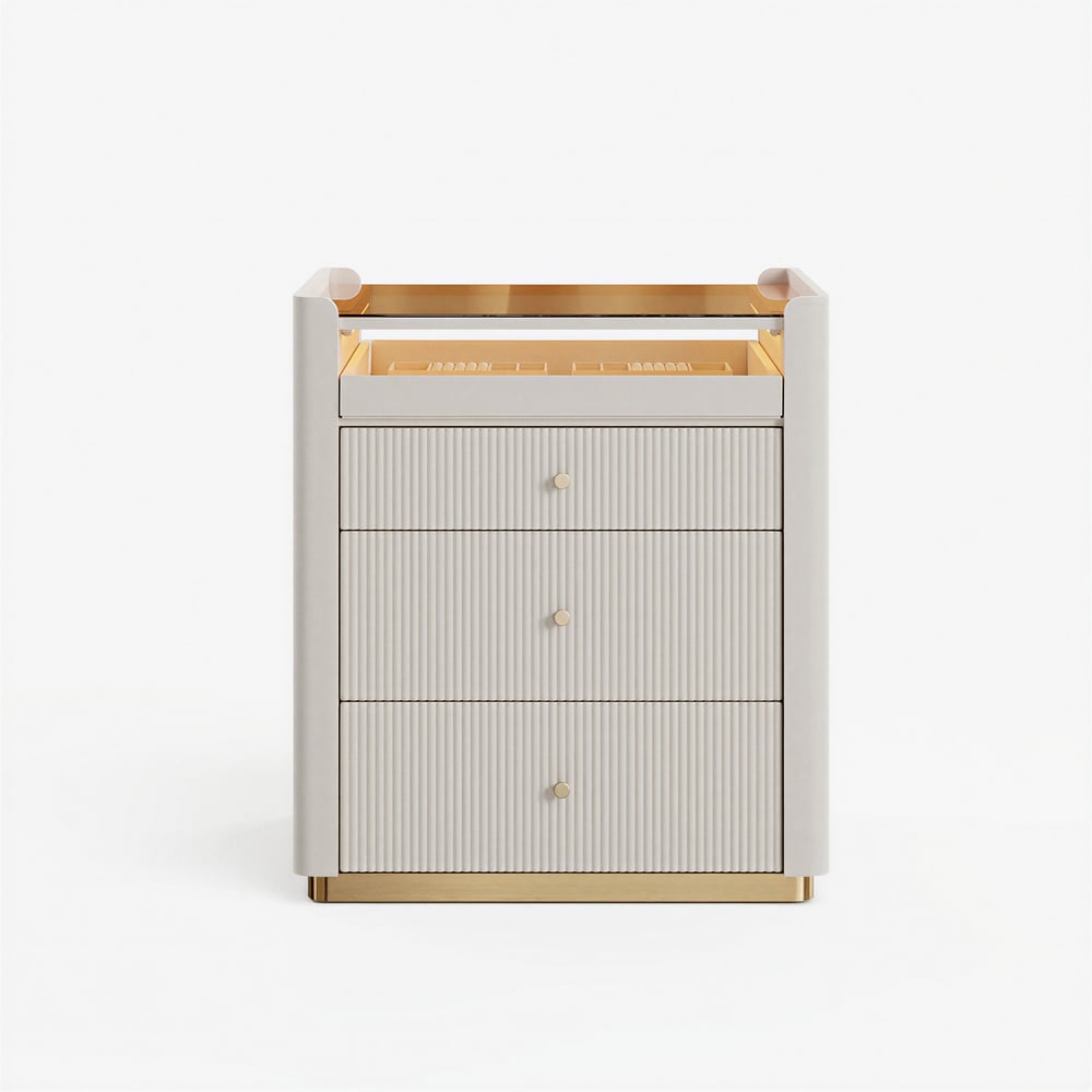 Îlot de placard moderne de 29,5" en cuir cannelé, commode à 7 tiroirs avec éclairage et rangement pour bijoux image de fenêtre
