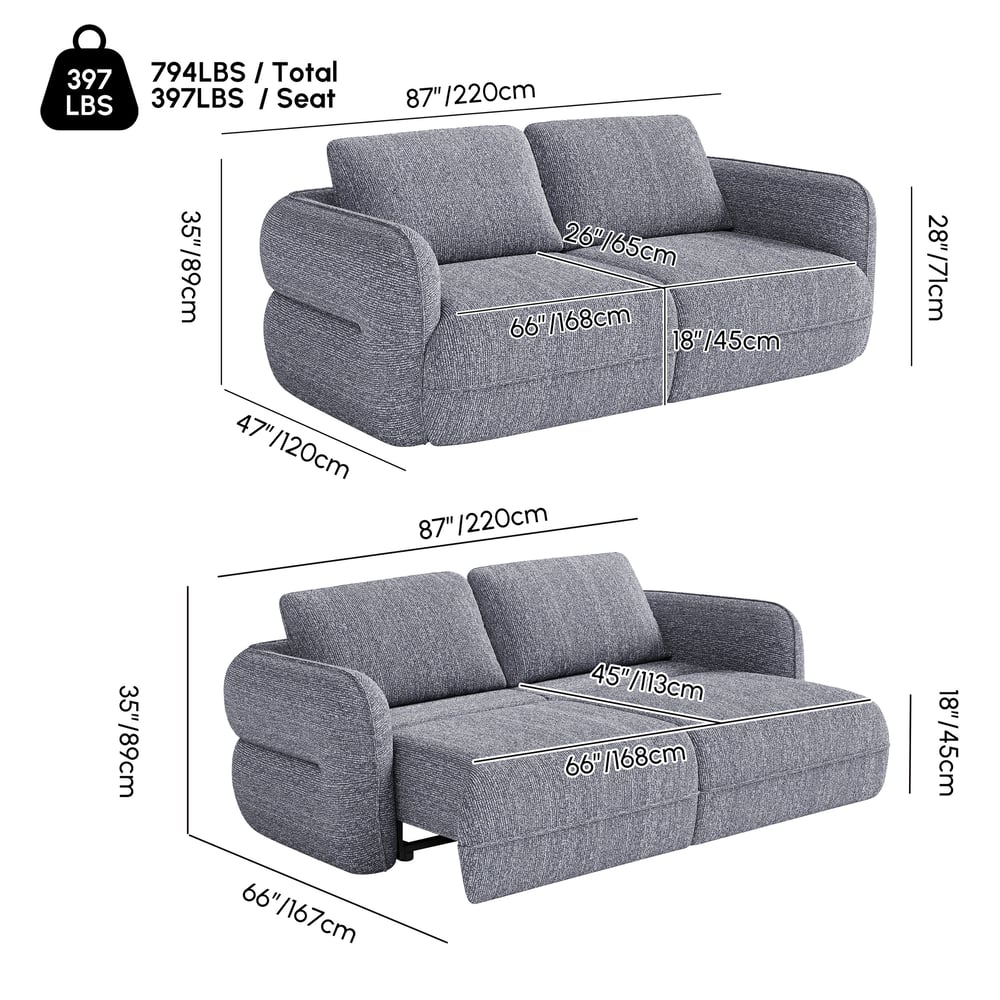 Modern 87" 2-Seater Chenille Power Convertible Sleeper Sofa with Remote Control weights dimensions image