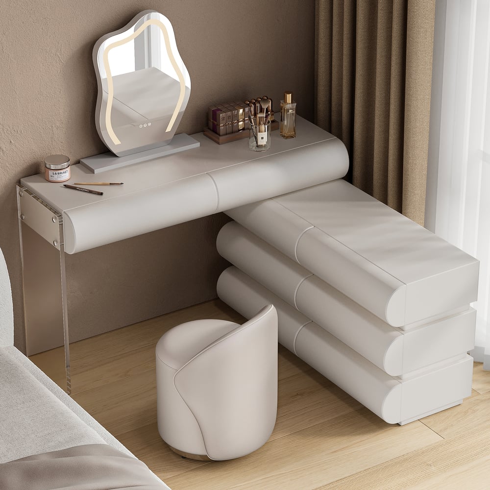 Humply White Extendable Leather Makeup Vanity Set with Mirror (48"- 83") window image