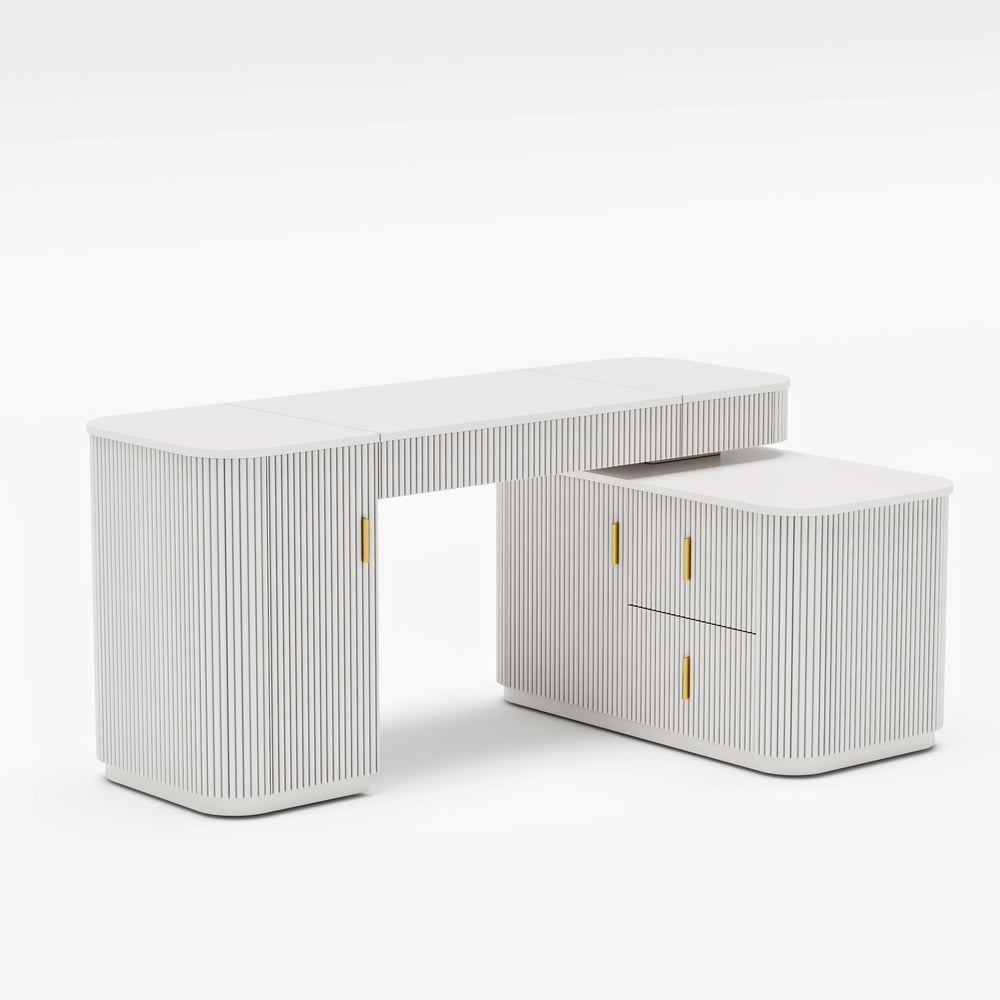 Velign 65" L-Shape White Executive Desk with Right-Side Cabinet window image
