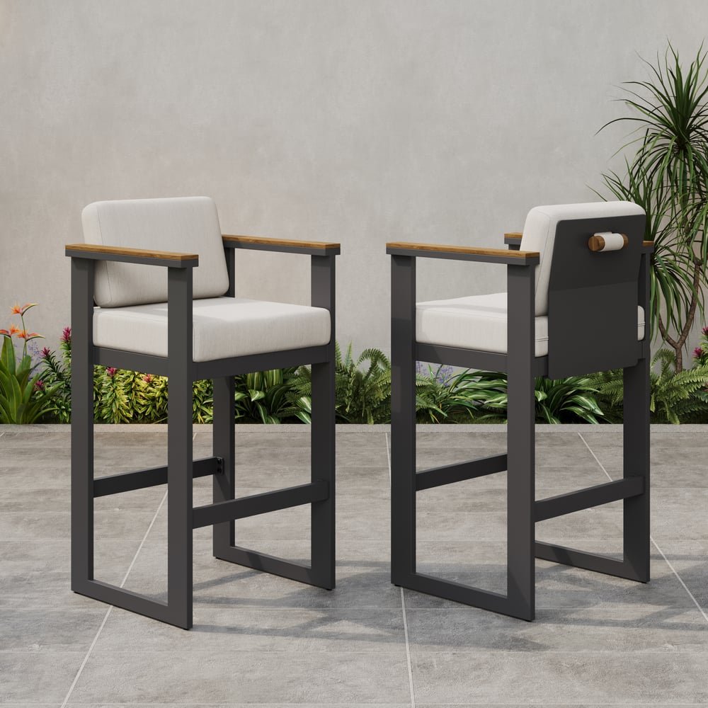 Tevara Teakhouten Moderne Outdoor Bar Set Donkergrijs Frame & Warm Wit Kussen Vensterafbeelding