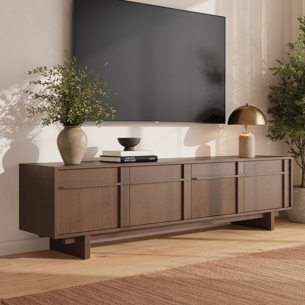 Panvyr 80" Ash Wood Walnut TV Stand with Storage window image