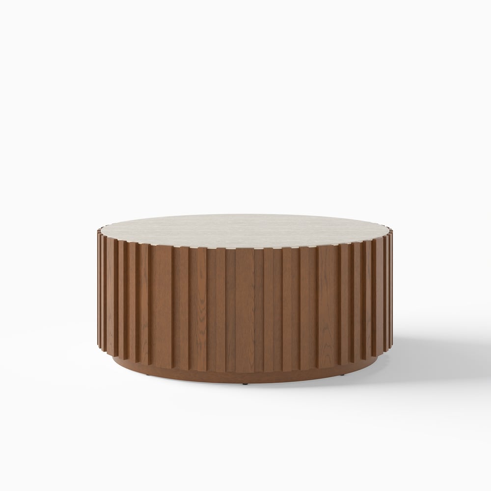 Aura 35" Ash Wood Slatted Round Coffee Table with Sintered Stone Top window image