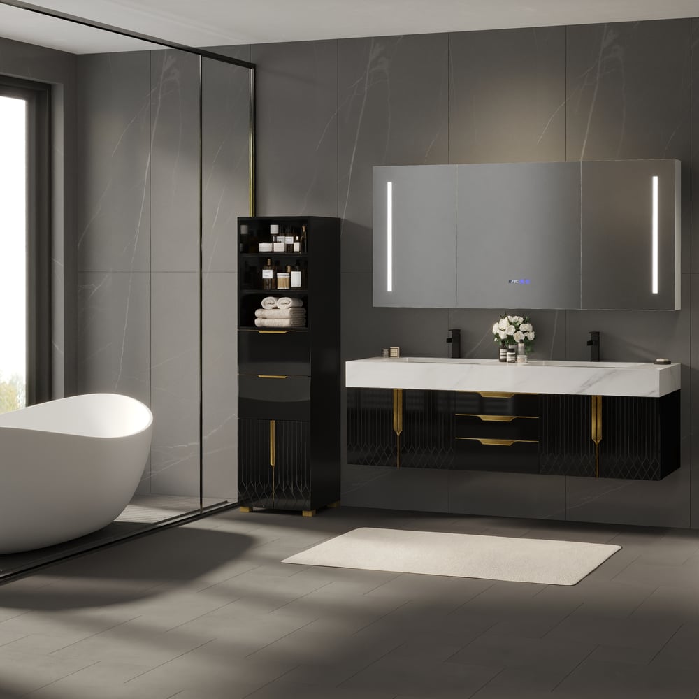 Aro 149cm Bathroom Storage Cabinet Freestanding Linen Tower with Shelves Drawers & Doors window image