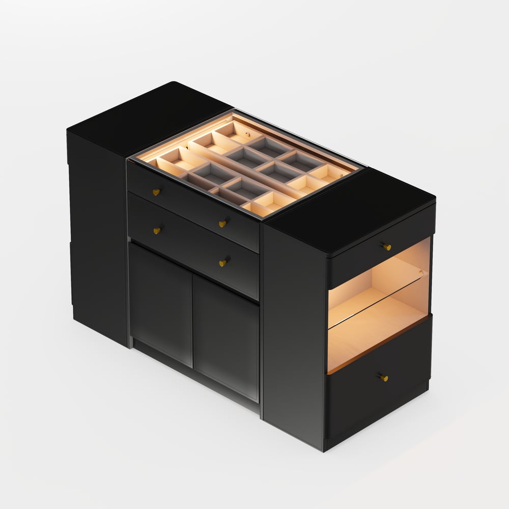 Selvo Saddle Leather Black Closet Island with Storage, Light and Jewelry Display window image