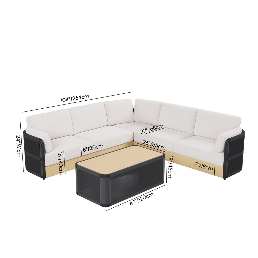Costra Handwoven Rope L-Shaped Outdoor Sofa with Coffee Table in Black weights dimensions image