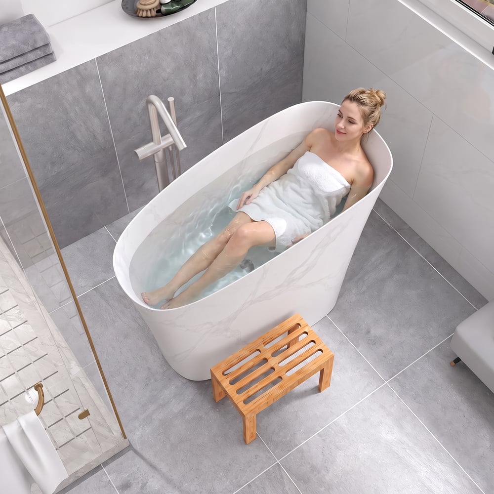 47" Japanese-style irregular freestanding stone resin soaking bathtub, marble effect window image