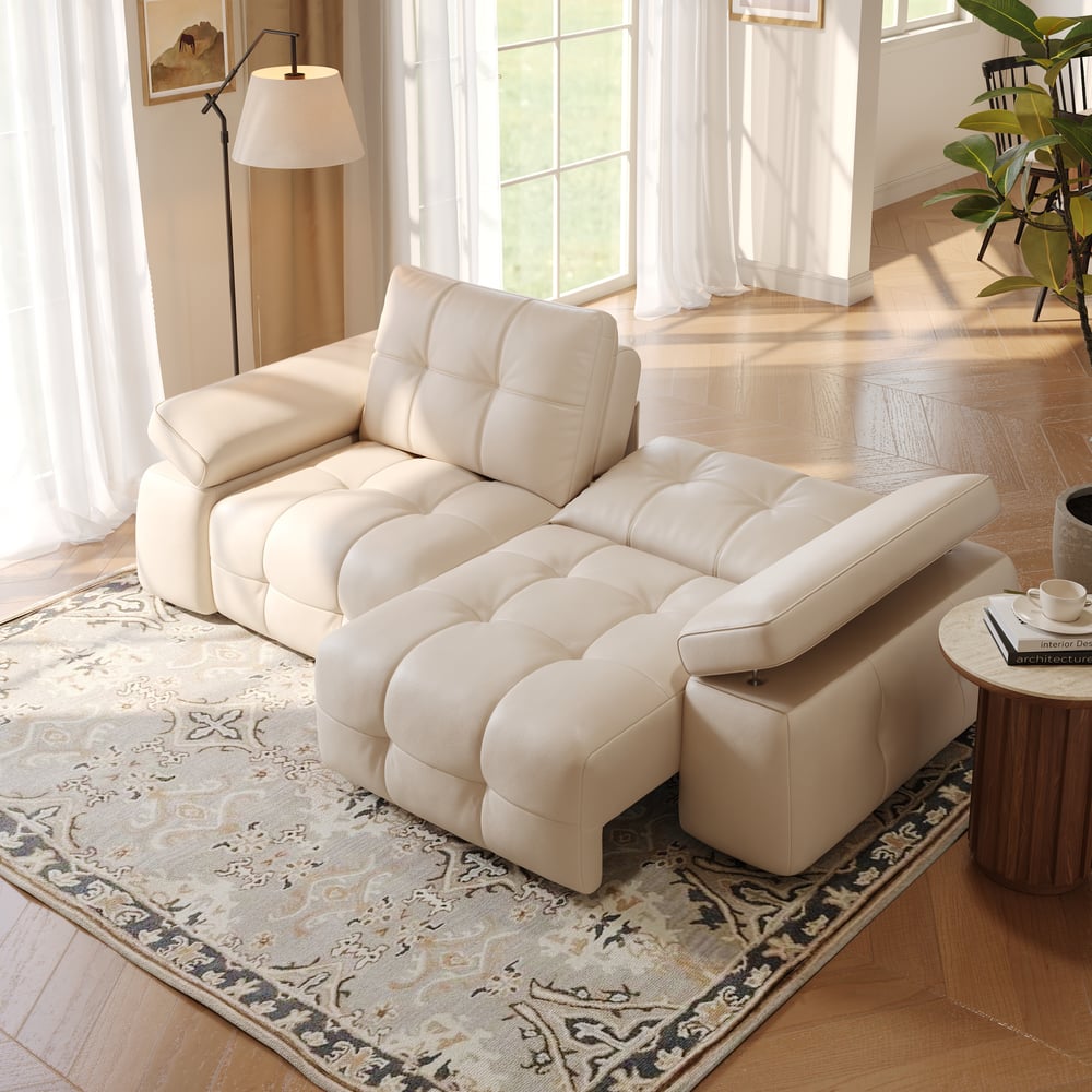 96" 2-Seater Genuine Leather Power Convertible Sleeper Sofa with Adjustable Armrests window image