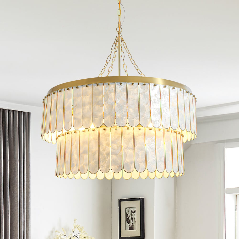 Enseo Coastal 8-Light Capiz Shell 2-Tiered Faceted Chandelier Pendant Light Gold White window image