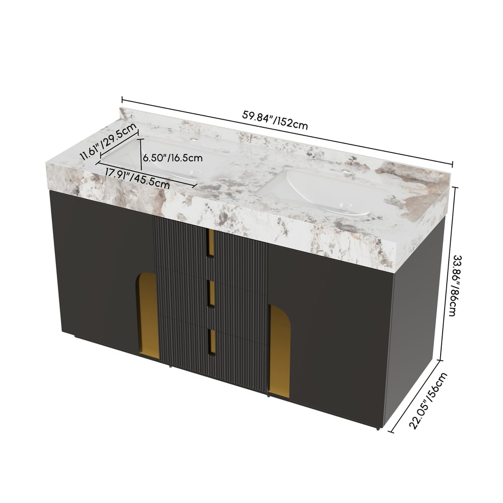 Mueble de baño Artis de 60" con doble lavabo y encimera de piedra sinterizada, 3 cajones pesos dimensiones imagen
