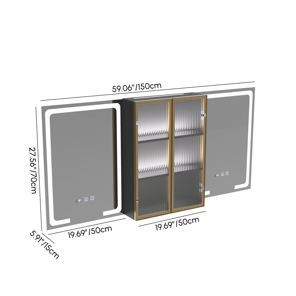 Mobile a specchio LED nero da 150 cm con vano centrale, dimmerabile a 3 colori e antiappannamento Immagine con pesi e dimensioni