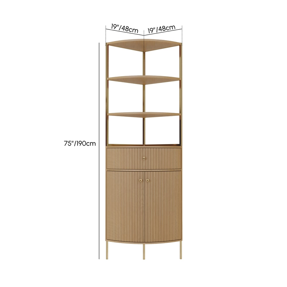 Modern 75" Natural Etagere Corner Bookshelf with Drawer and 2-Door Cabinet weights dimensions image