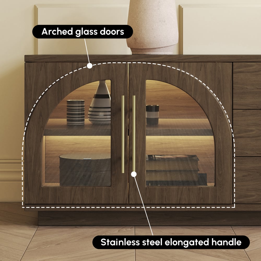 Arune 72" Arched Glass Doors Smoked Brown TV Stand with Storage and LED window image