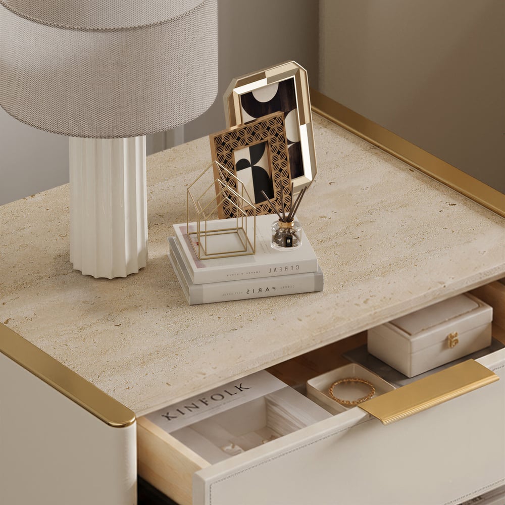Modern Saddle Leather 2-Drawer Nightstand with Faux Travertine Stone Top window image