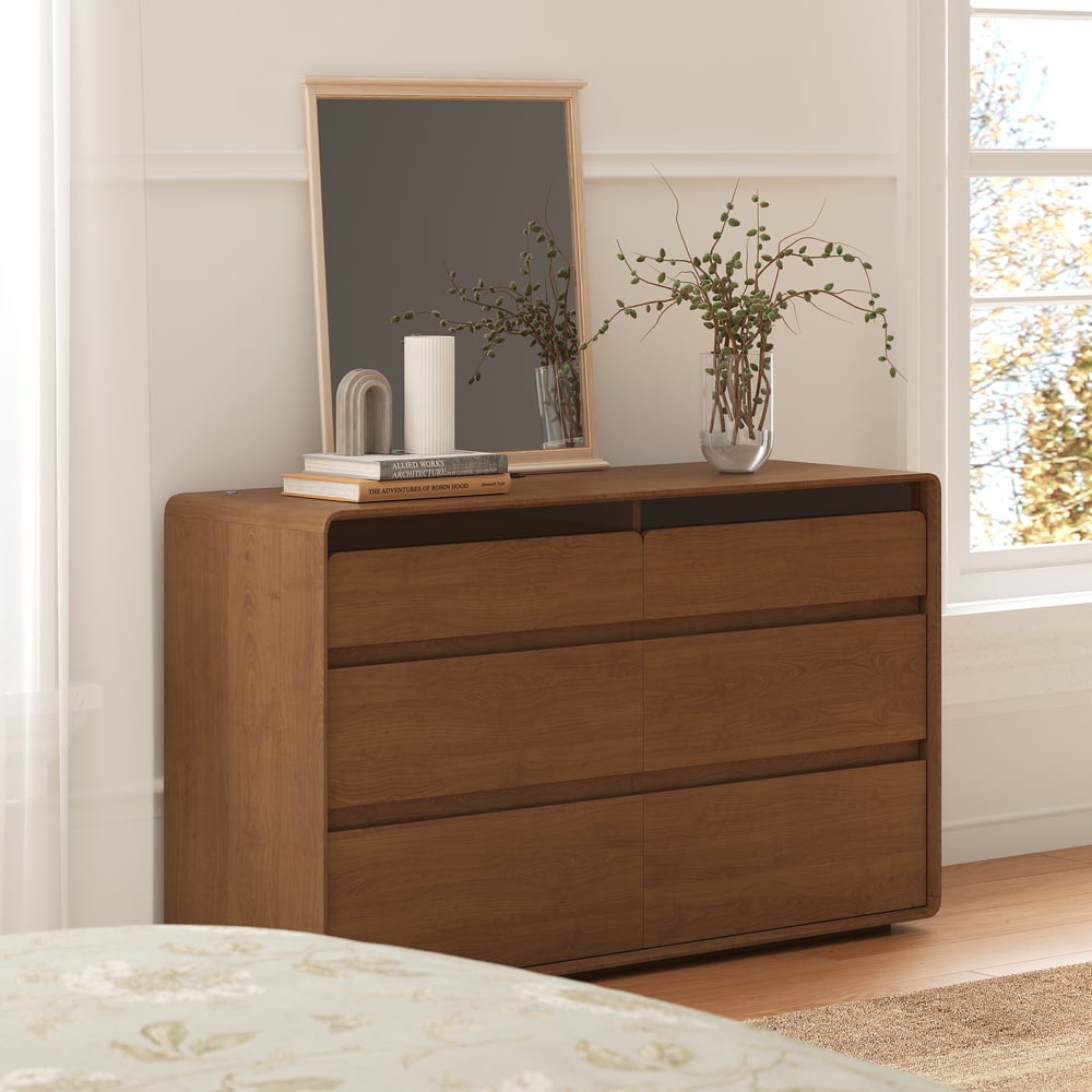 Meloa 47" Wooden Walnut 6-Drawer Dresser with Light and Charging Station window image
