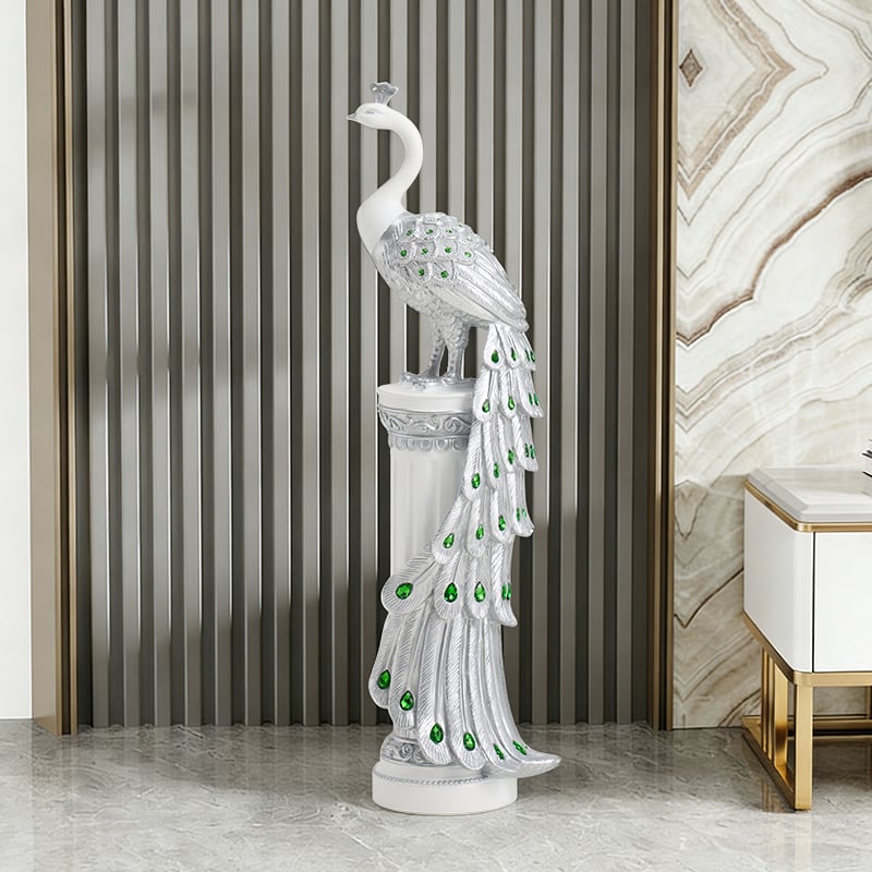 27.6" Srebrna Statua Pawia z Diamentowymi Akcentami – Luksusowa Rzeźba Pawia z Żywicy obraz okna