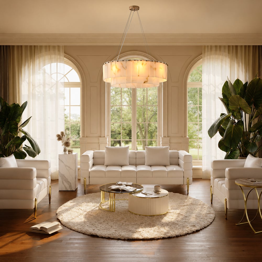 8-Light Tiered Chandelier Alabaster-Look 24" window image