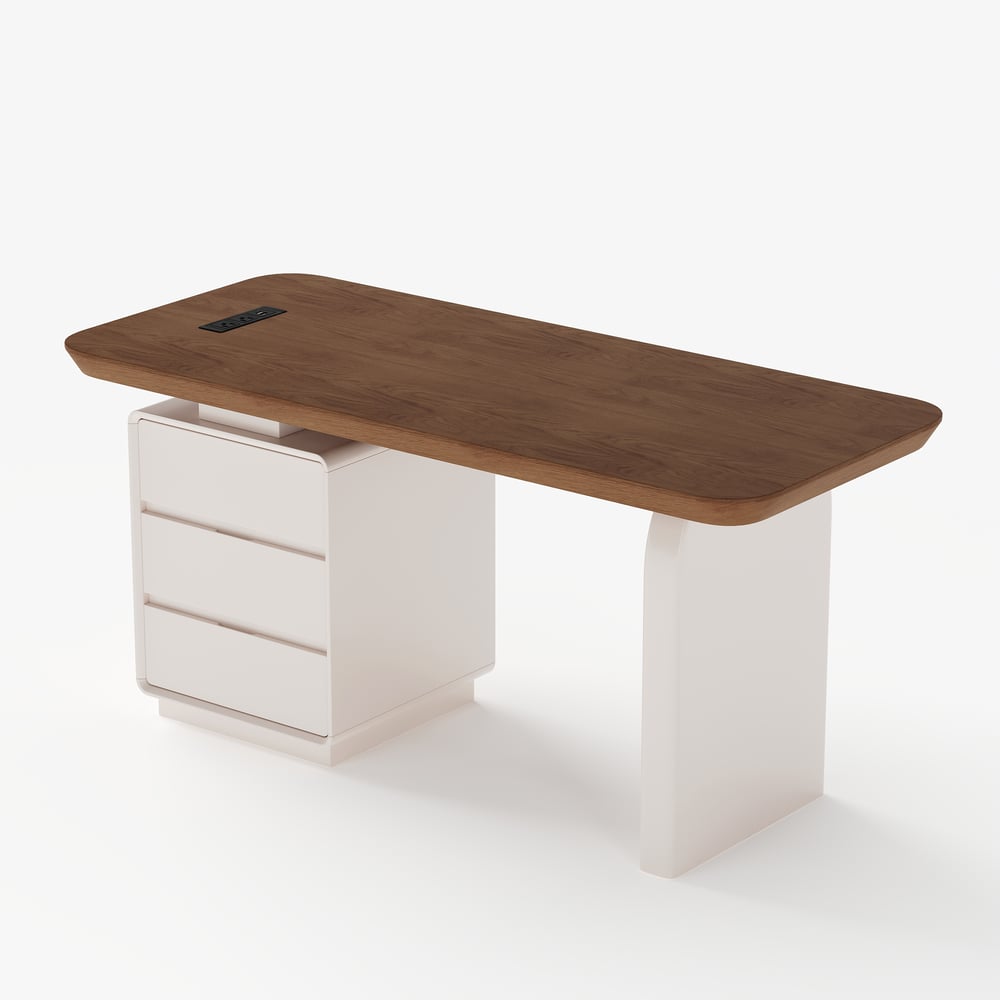 Modern 63” Rectangular Walnut Wood Desk with charging station & storage window image