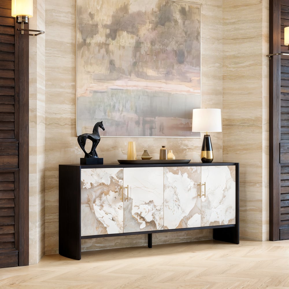 Modern 72" Sintered Stone Sideboard with Oak Wood Frame & Adjustable Shelves window image