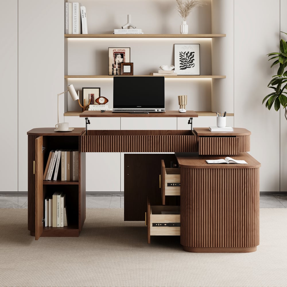 Bureau exécutif Velign en L de 164 cm avec plateau élévateur, tiroirs et meuble latéral droit noyer image de fenêtre