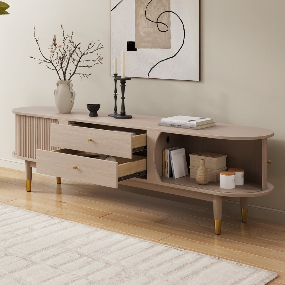 80" Ash Wood Fluted Whitewash TV Stand with Storage window image