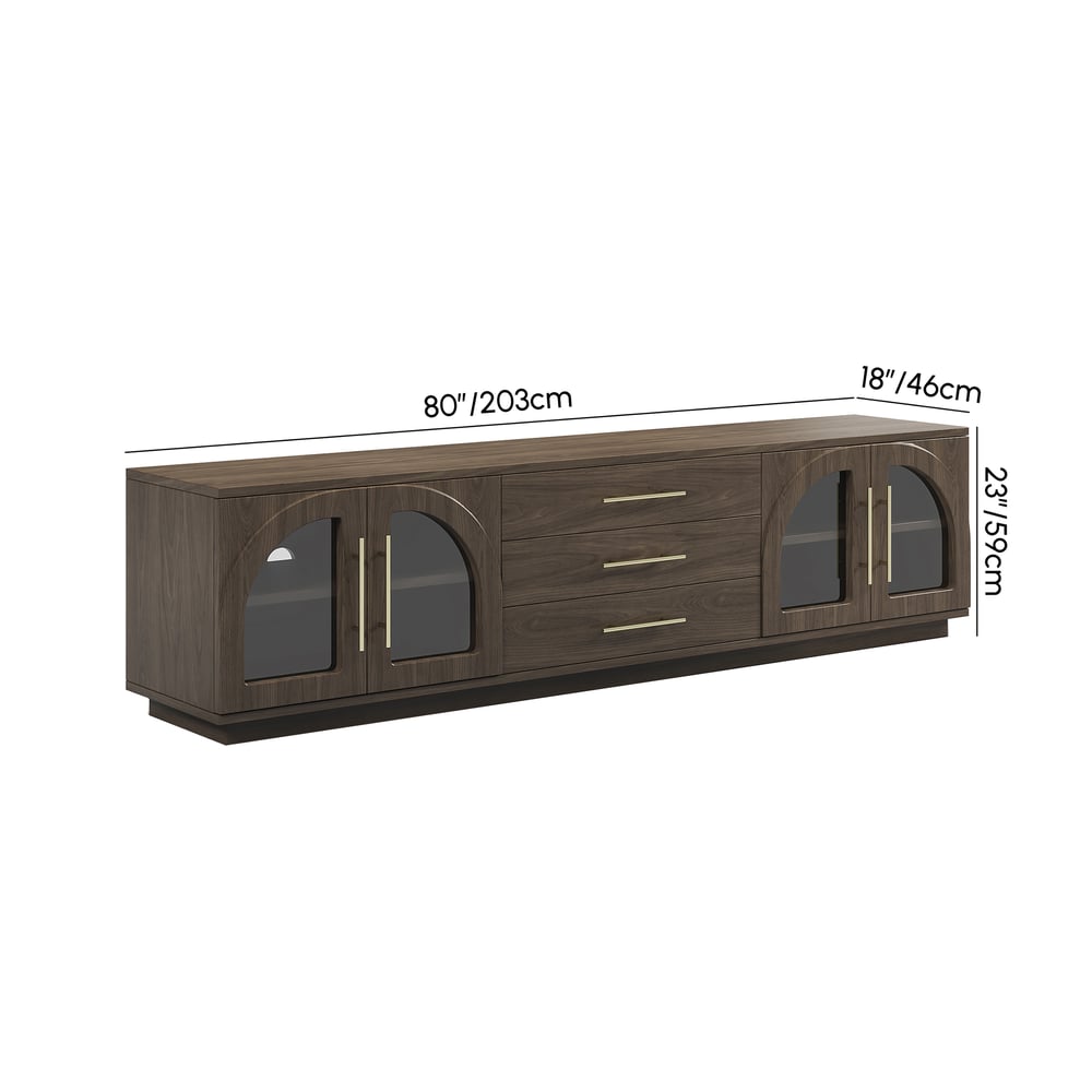 Arune 80" Arched Glass Doors Smoked Brown TV Stand with Storage and LED weights dimensions image