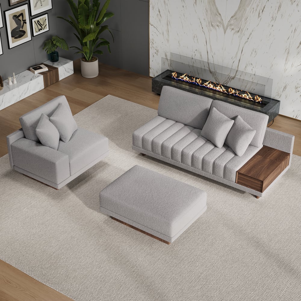 Sofá modular en forma de L Vewal de 320 cm en tela bouclé con chaise longue y otomana Imagen de ventana
