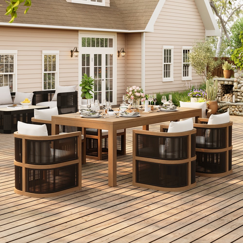 Wevara 78" Walnut-Finished Aluminum Slatted Outdoor Dining Table window image