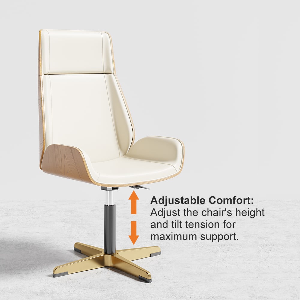 Warm White Curved Wooden Office Desk & Adjustable Swivel Executive Chair in Beige & Gold window image