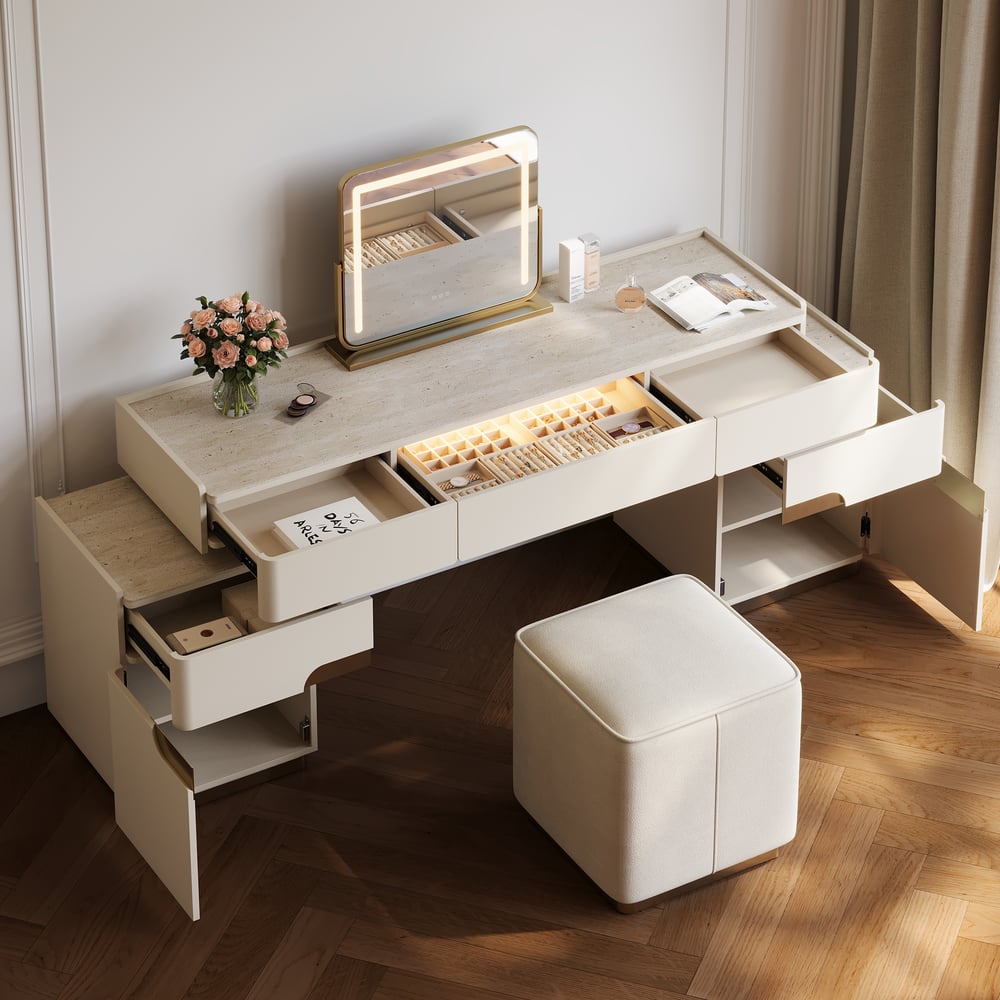 Horva Extendable Makeup Vanity Set with LED Mirror and Vanity Stool (57"–73") window image