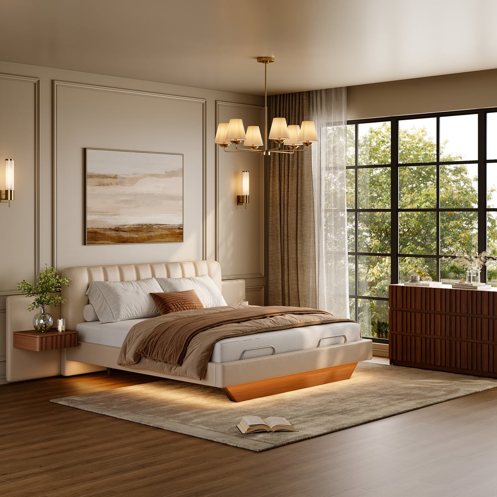 Genuine Leather Smart Bed Set With Adjustable Base And 2 Storage Nightstands window image
