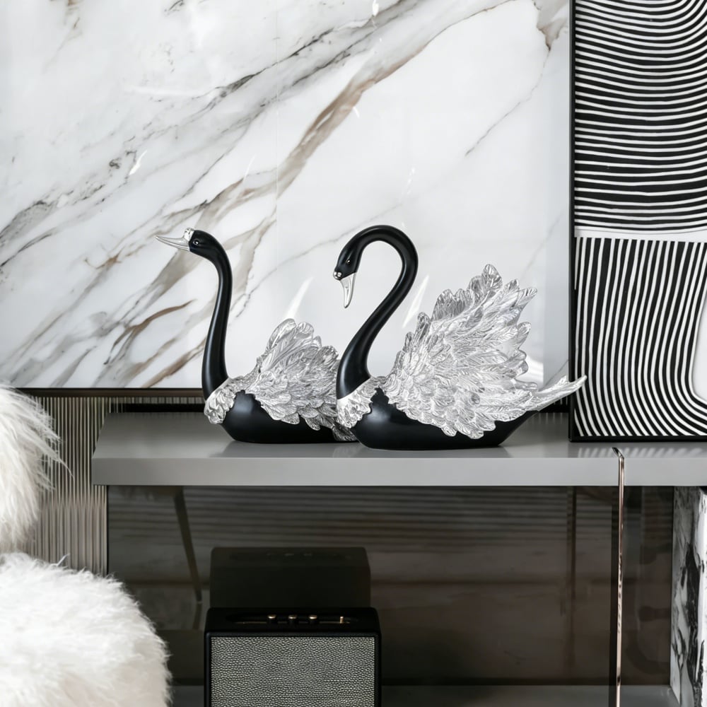2-Piece Resin Swan Figurines – Elegant Black & Silver Swan Decorative Storage Set window image