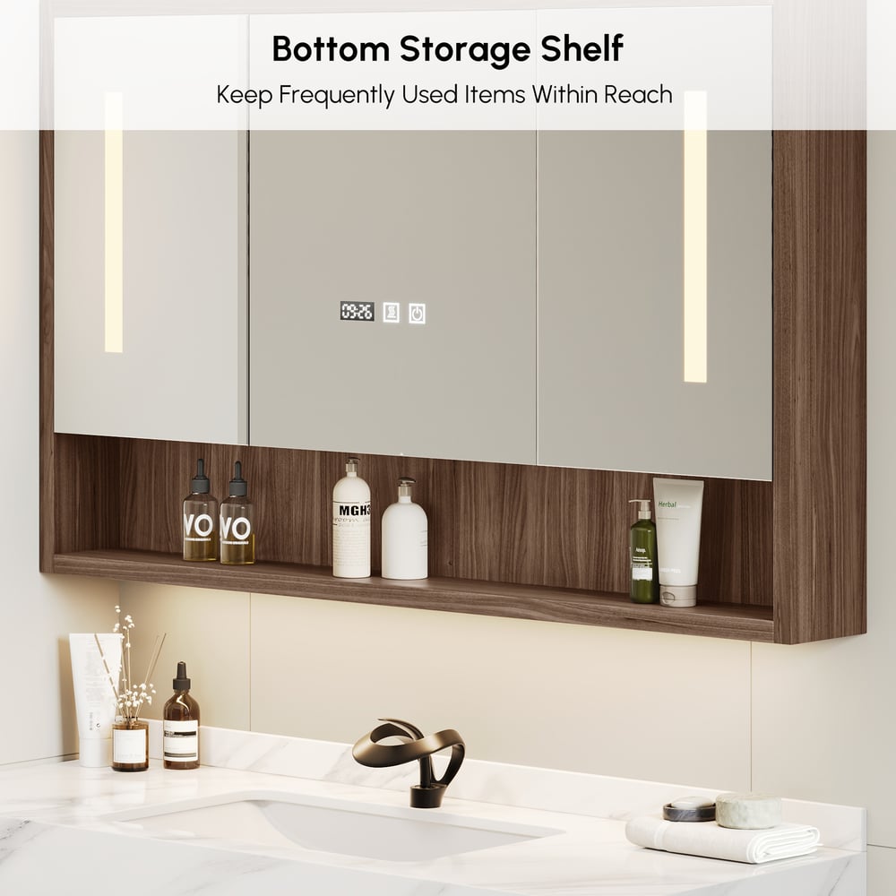 39" Walnut LED Medicine Cabinet with Adjustable Lighting, Demister and Digital Clock window image