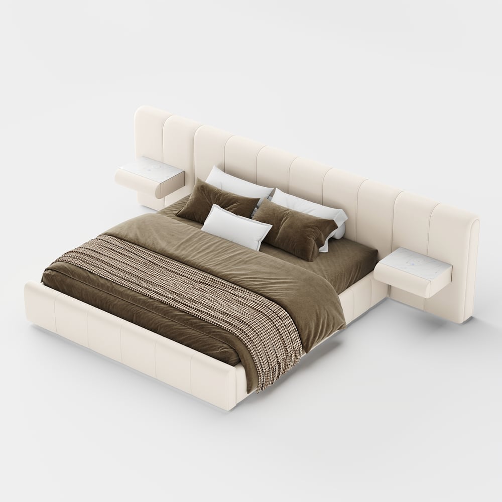 Humply King Size Upholstered Bed with Wide Headboard & Floating Smart Nightstand Set window image
