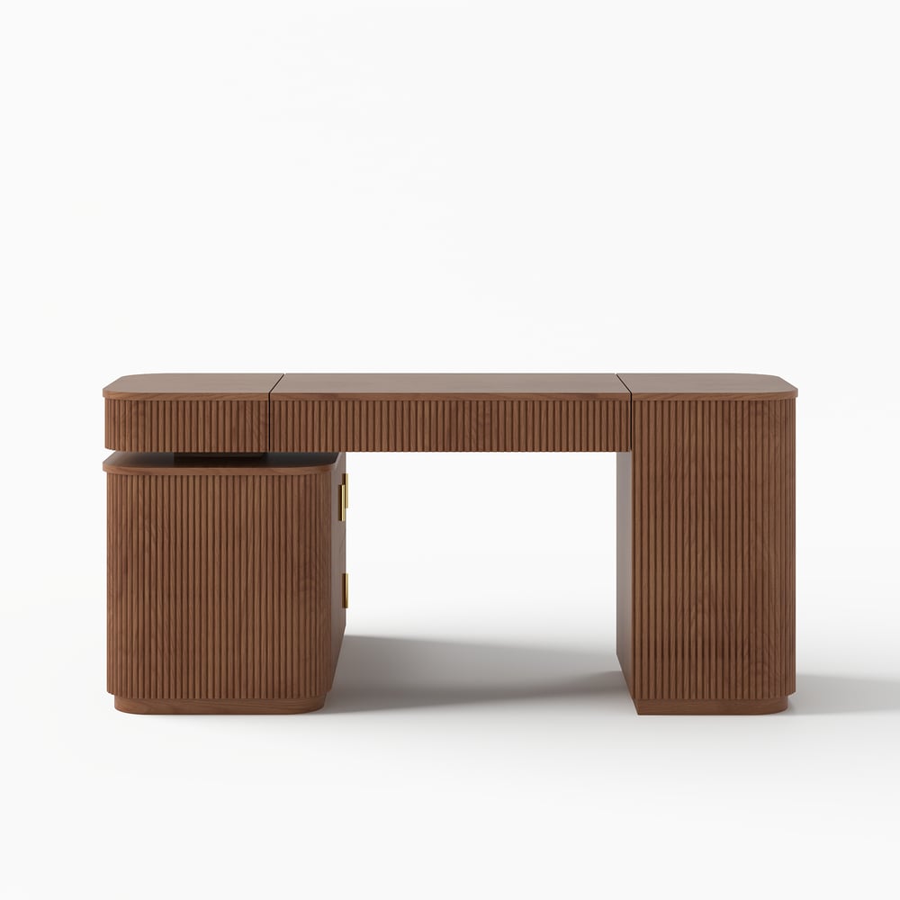Modern 60" L-Shape Walnut Executive Desk with Drawers & Cabinet Right Hand window image
