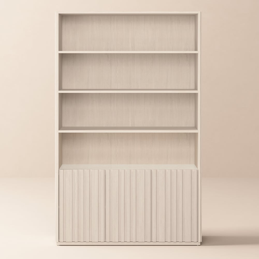 Aura 120cm Boekenkast van Essenhout met Gegroefde Details en Blad van Sintersteen Vensterafbeelding