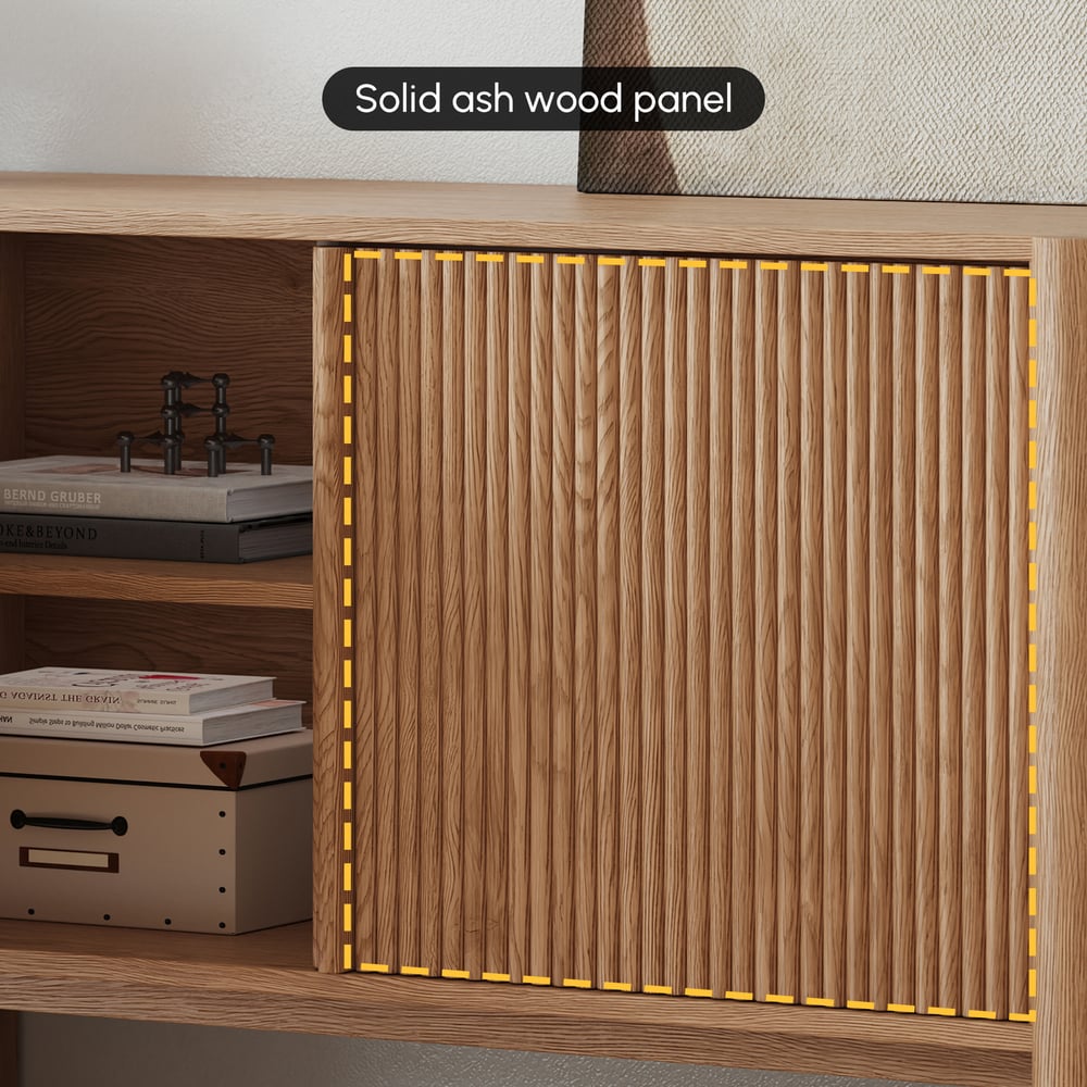 80" Solid Wood Fluted Natural TV Stand with Cabinets window image