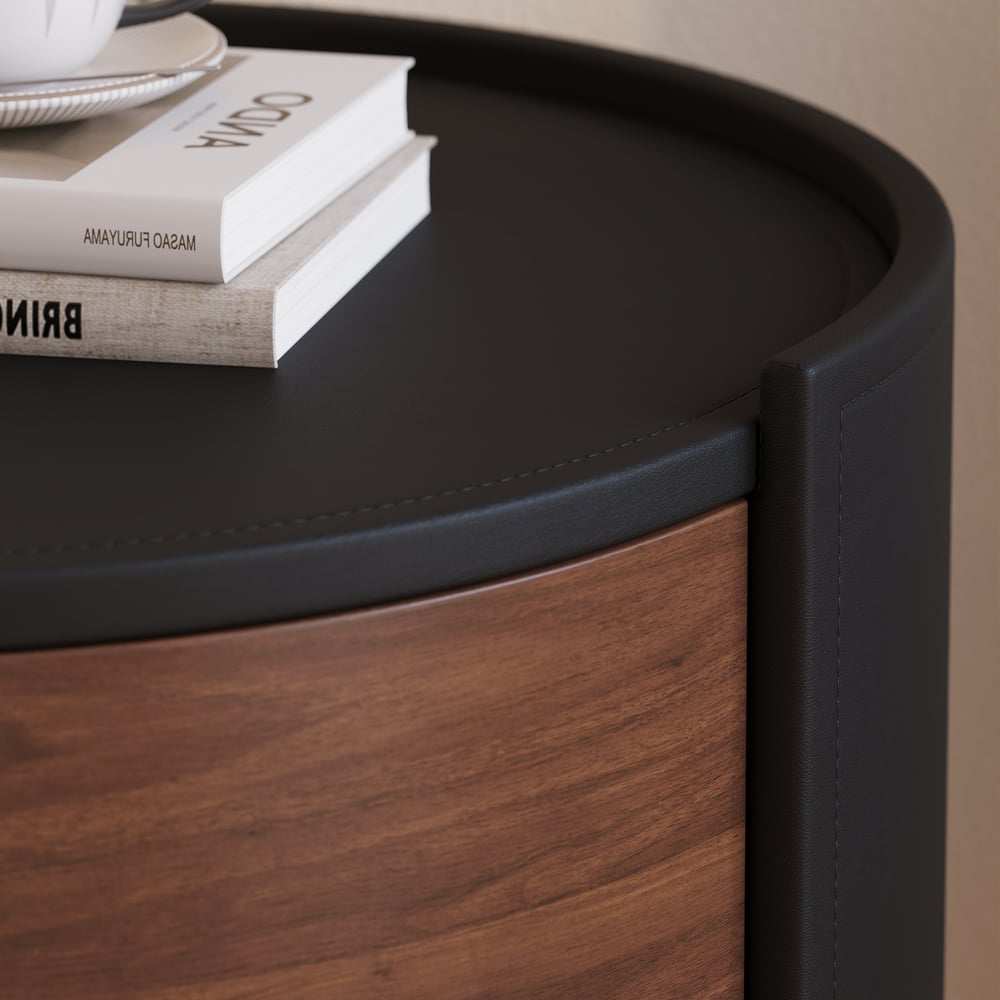 Modern Black Saddle Leather 2-Drawer Nightstand with Charging Station & Light window image