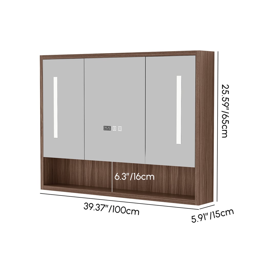 39" Walnut LED Medicine Cabinet with Adjustable Lighting, Demister and Digital Clock weights dimensions image