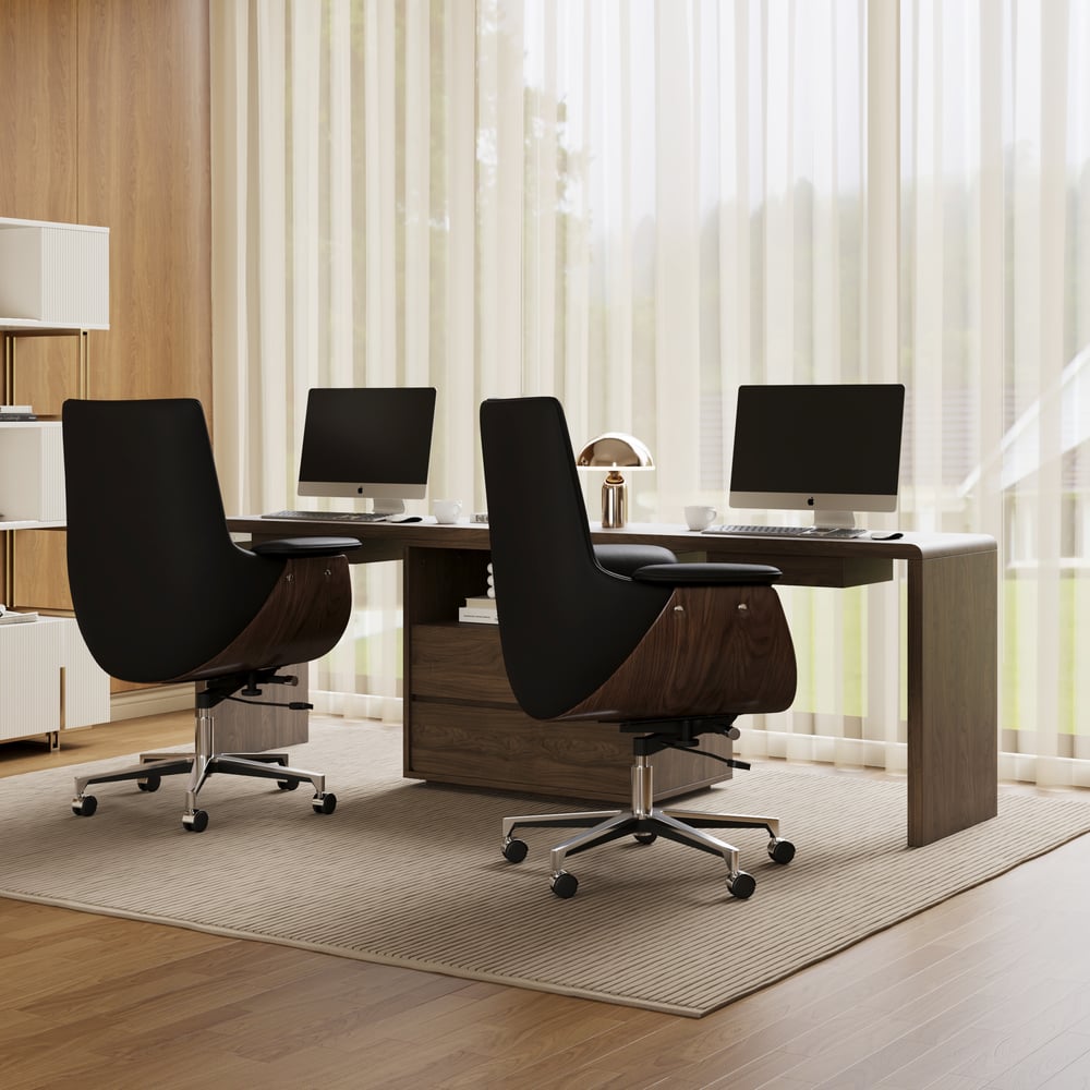 Modern 94" Rectangular Smoked Brown Double Desk with Drawers, Seats 2 window image