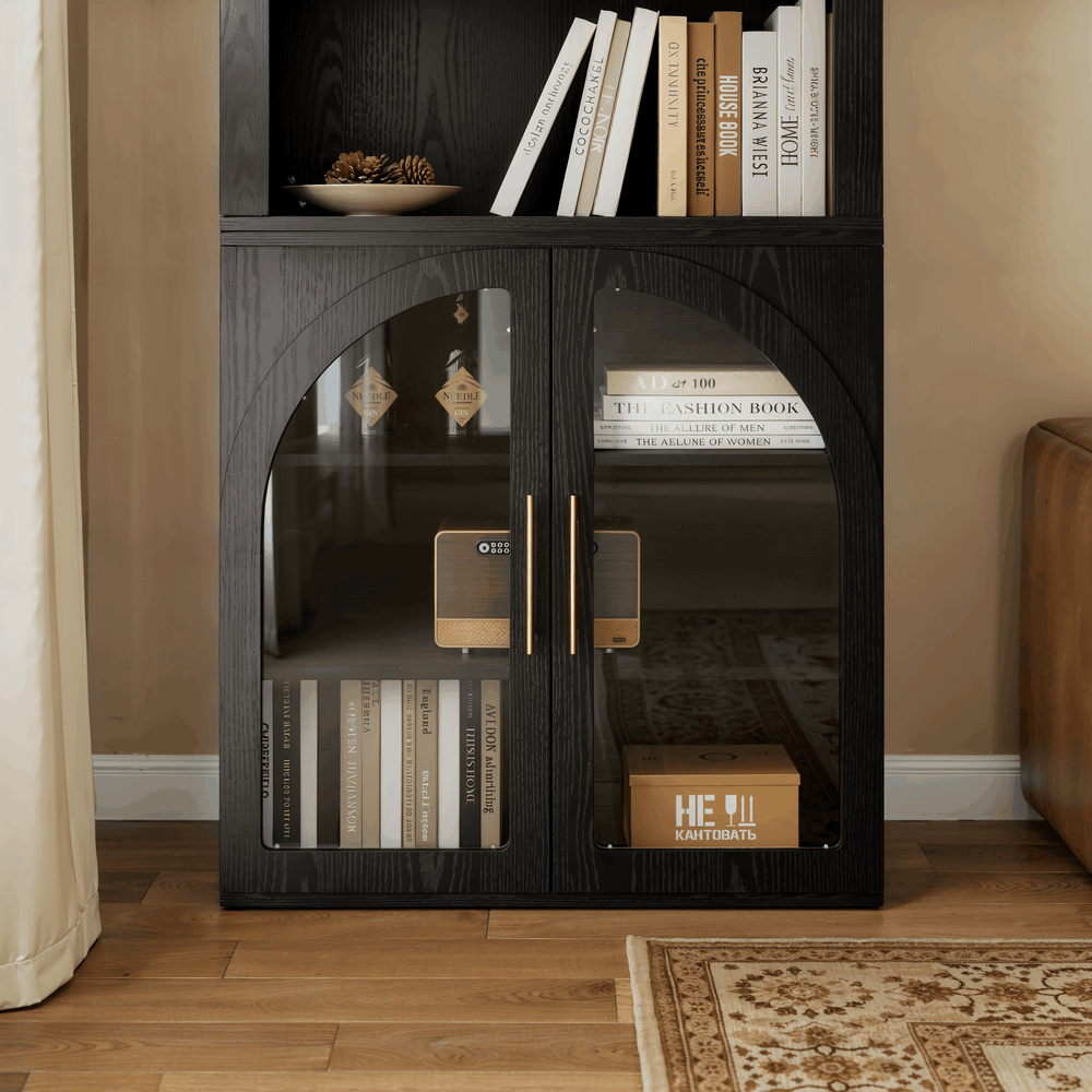 Arune Black Chest Bookcase with Storage Cabinet & LED Light window image