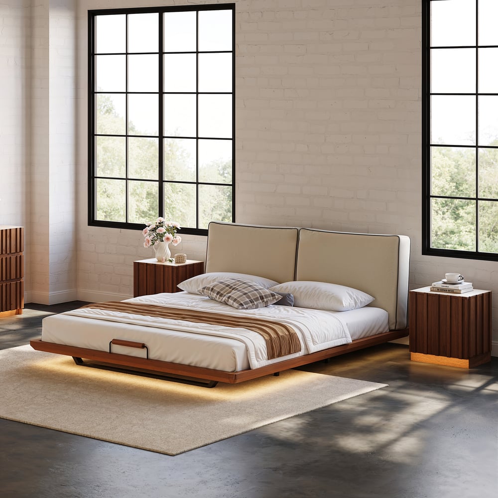 Japanese Style Solid Wood King Floating Bed with Headboard & Light window image