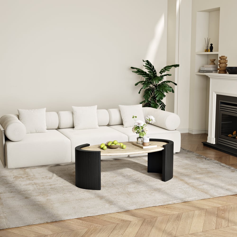 Table Basse de 43" en Pierre de Travertin Ovale Style Japandi image de fenêtre